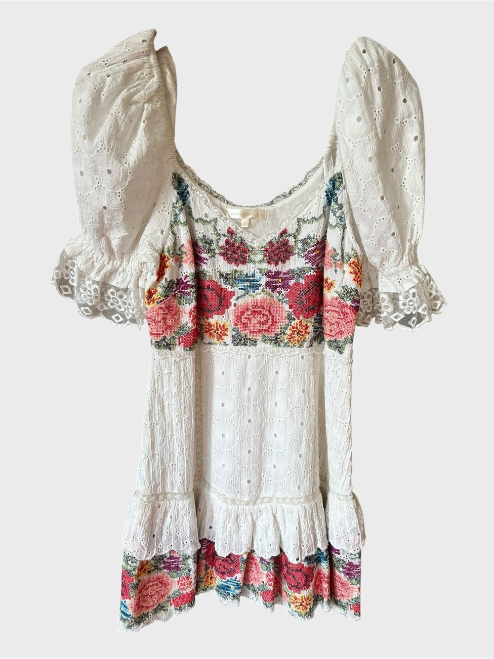 Love shack fancy White Eyelet Mini Dress with Floral Embroidered Bodice